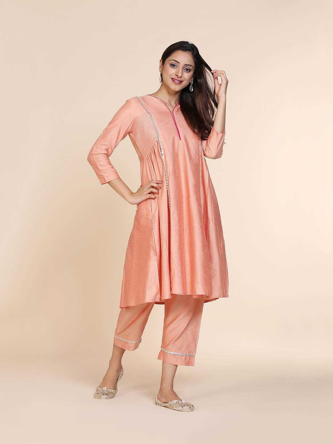 Abhsihti cotton silk kurta with side gathers & contrast details and Bottom