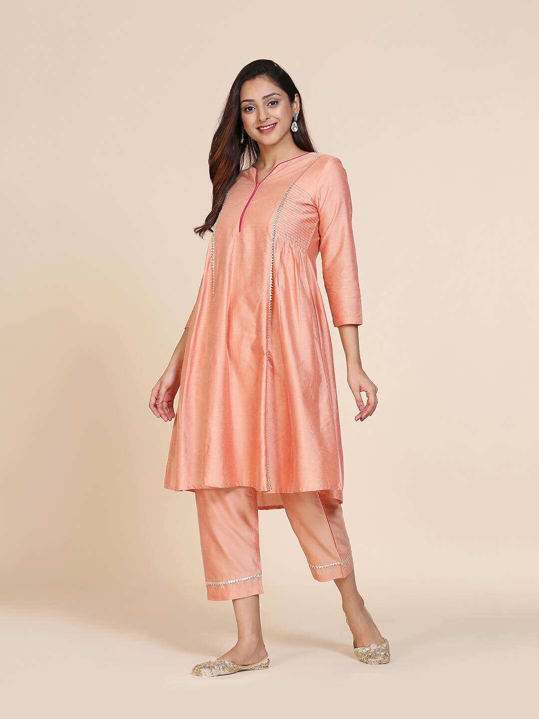Abhsihti cotton silk kurta with side gathers & contrast details and Bottom