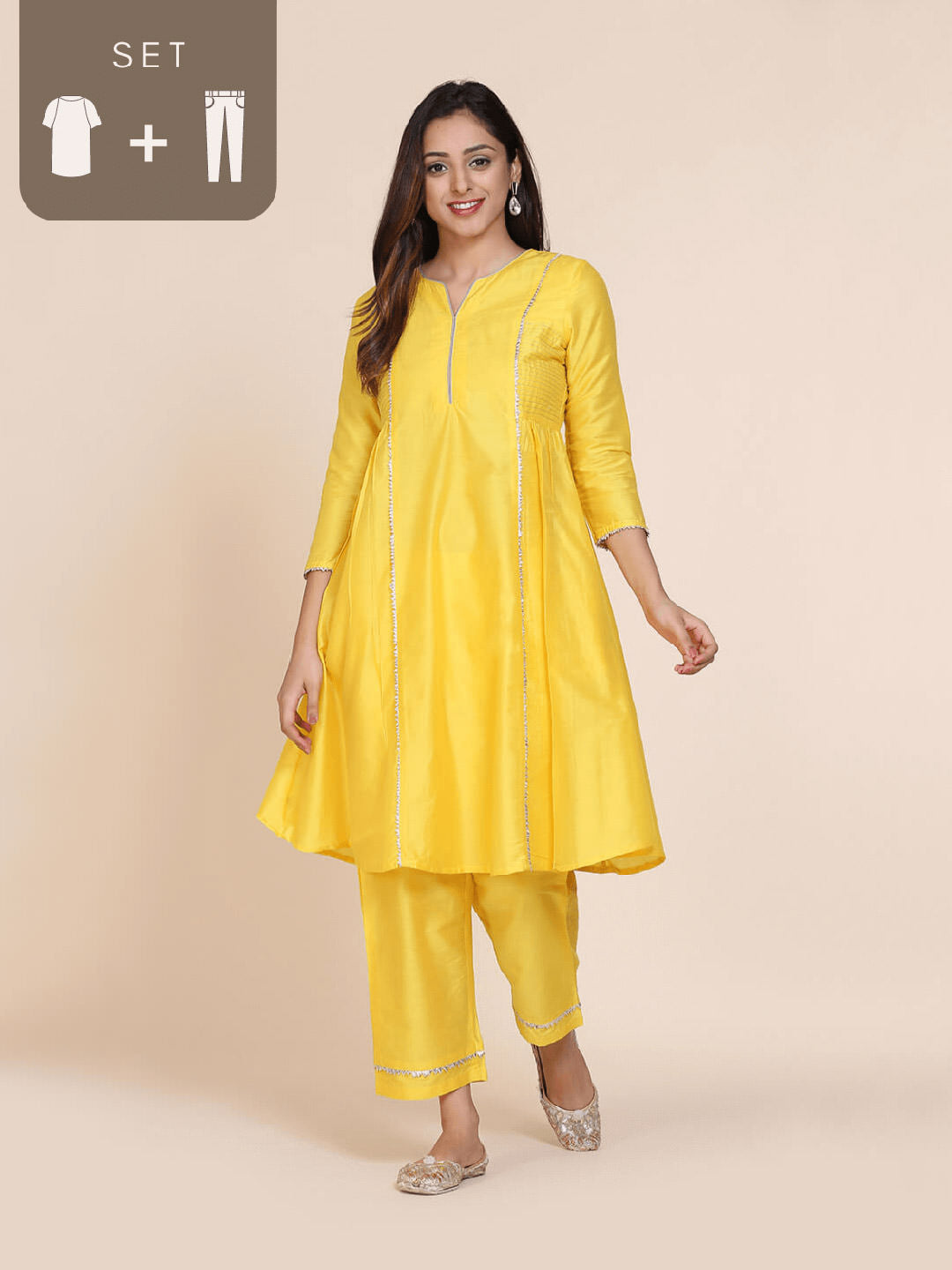 Abhsihti cotton silk kurta with side gathers & contrast details and Bottom