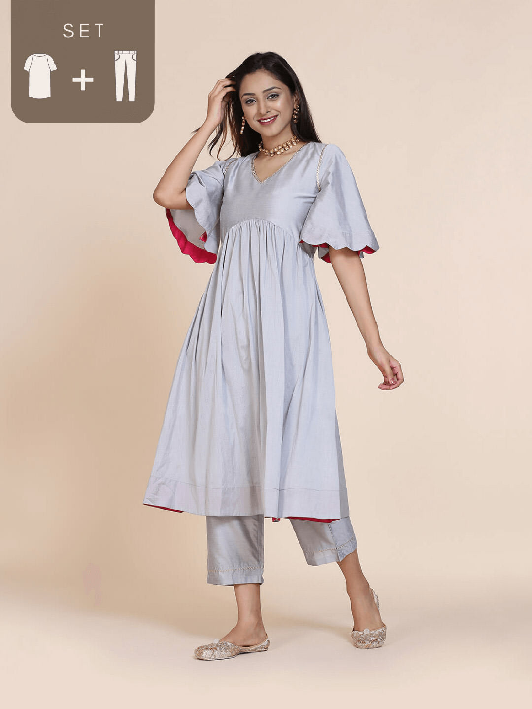 Grey Scallop Sleeves kurta with straight bottom