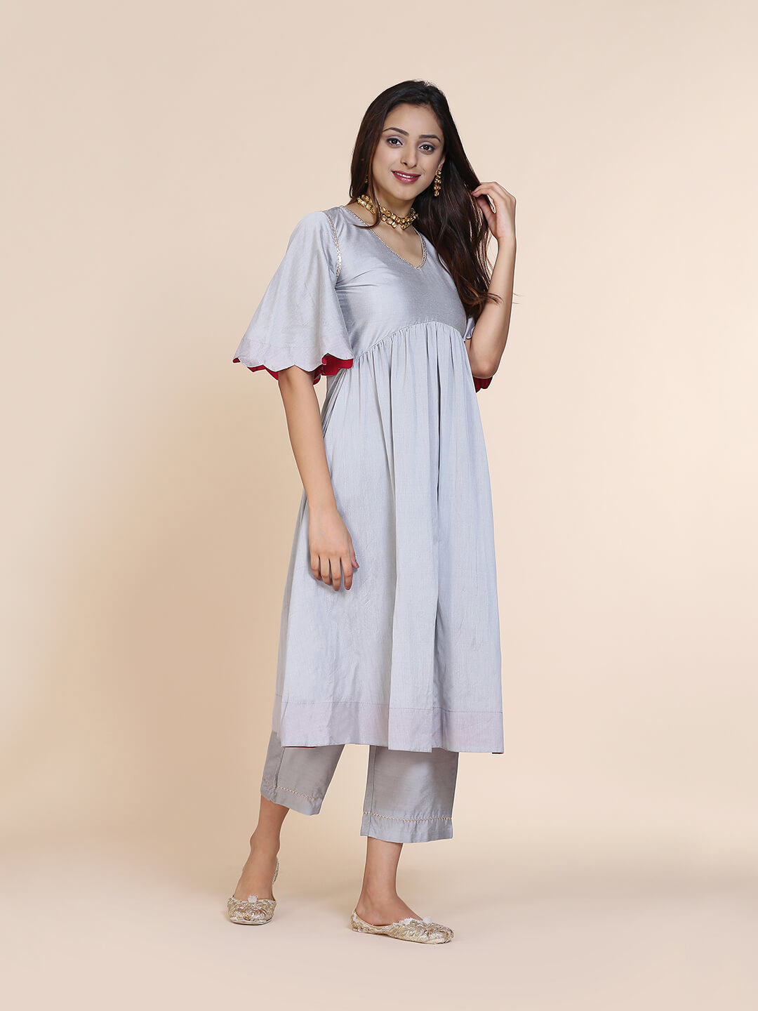 Grey Scallop Sleeves kurta with straight bottom