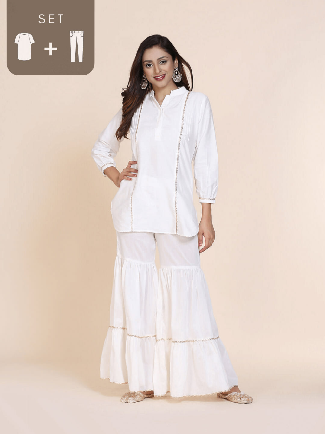 Abhishti cotton silk short kurti with hidden placket, side lace panels & pintucks and bottom