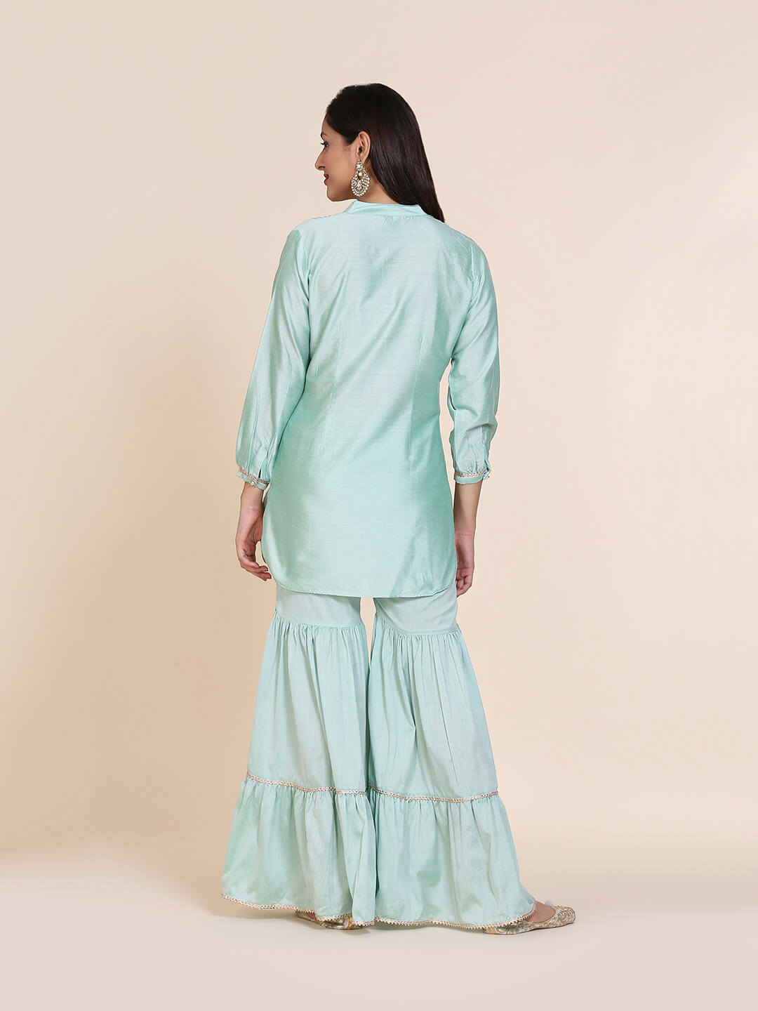 Abhishti cotton silk short kurti with hidden placket, side lace panels & pintucks and bottom