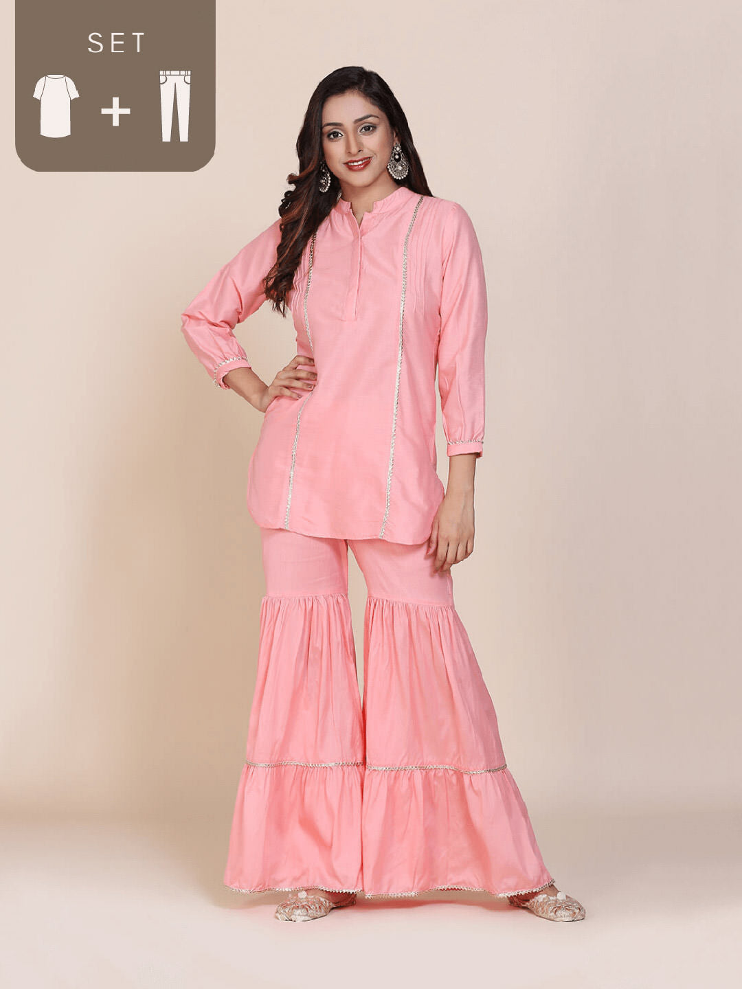 Abhishti cotton silk short kurti with hidden placket, side lace panels & pintucks and bottom