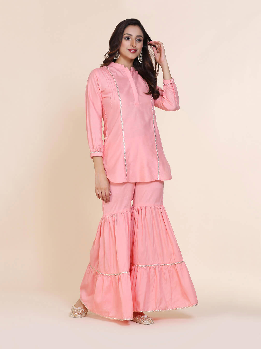 Abhishti cotton silk short kurti with hidden placket, side lace panels & pintucks and bottom