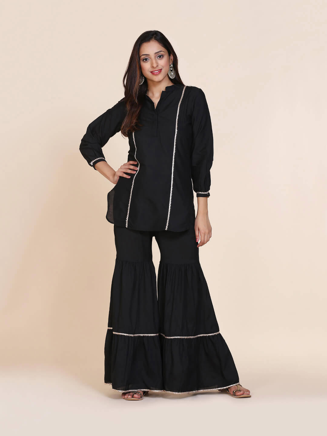 Abhishti cotton silk short kurti with hidden placket, side lace panels & pintucks and bottom
