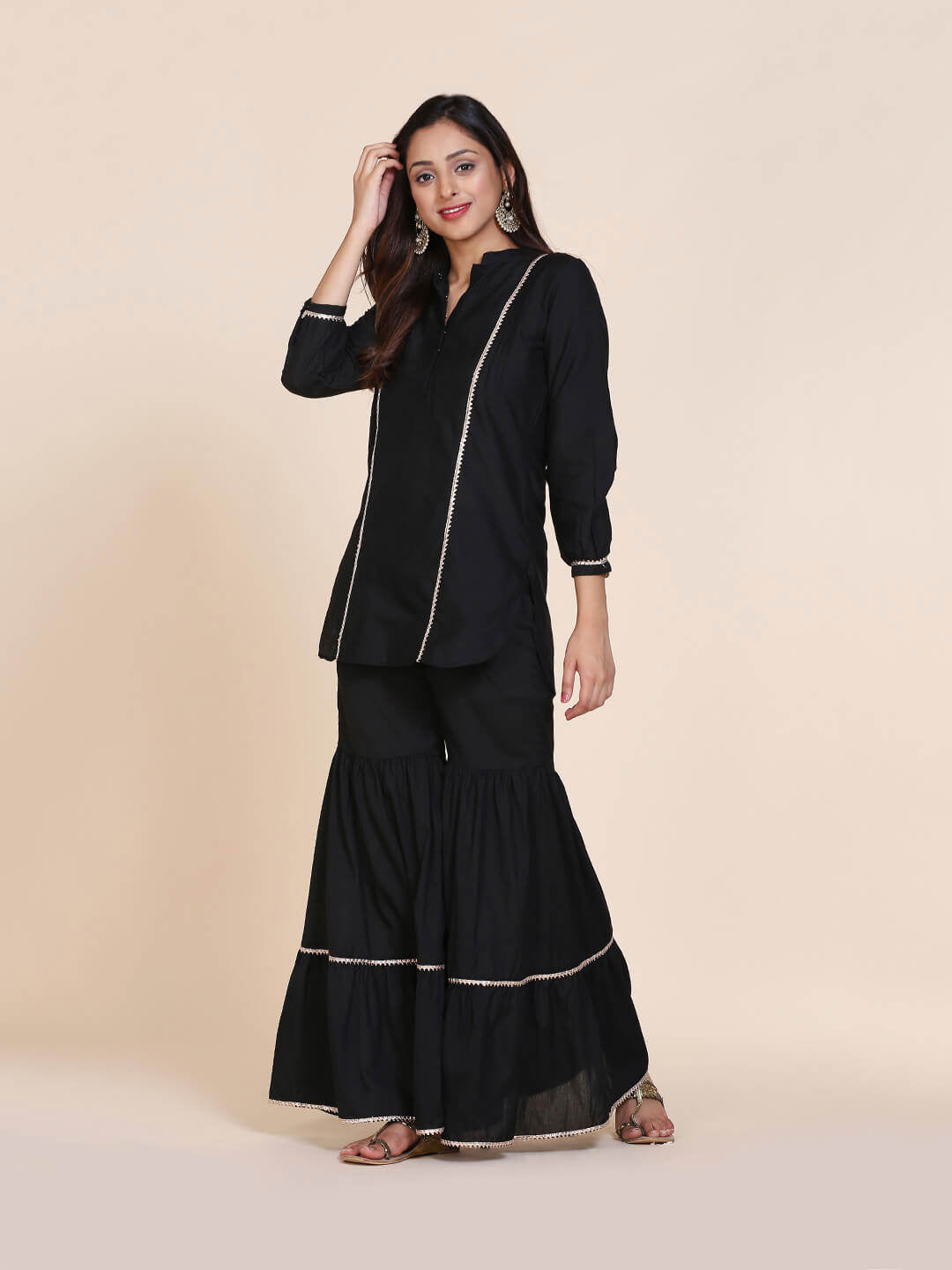 Abhishti cotton silk short kurti with hidden placket, side lace panels & pintucks and bottom