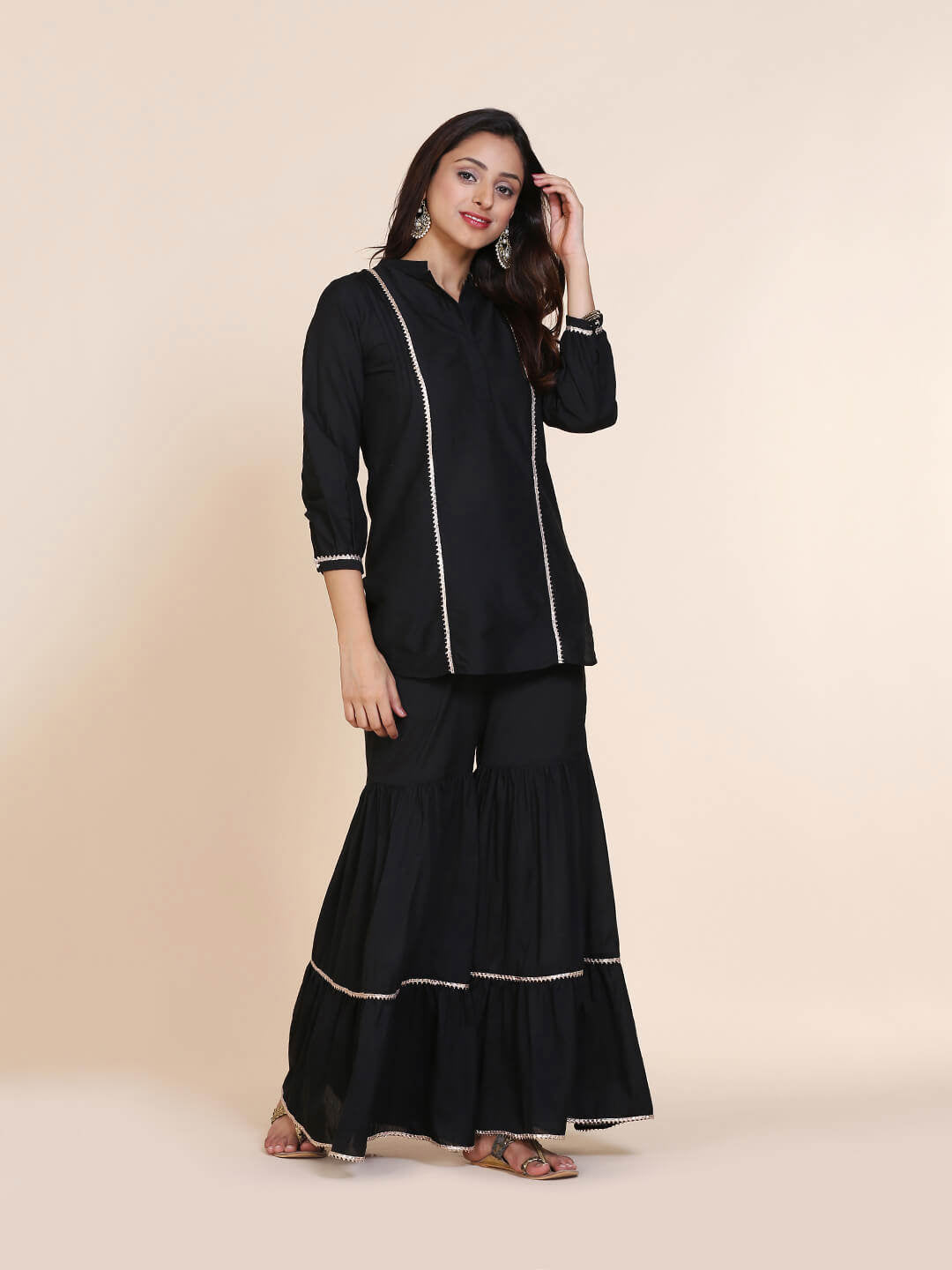 Abhishti cotton silk short kurti with hidden placket, side lace panels & pintucks and bottom