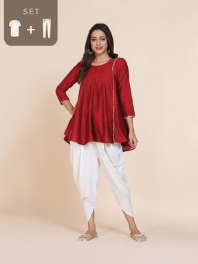Abhishti cotton silk short panelled kurti with side lace panels and Dhoti pants