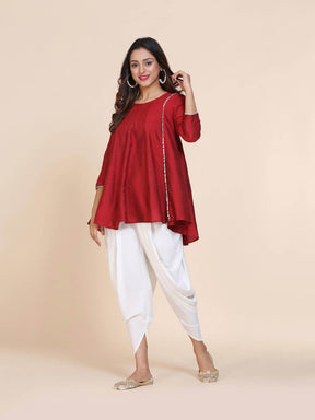 Abhishti cotton silk short panelled kurti with side lace panels and Dhoti pants