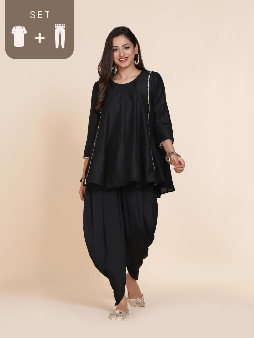 Gorgeous Pitch Black Colour Cotton Kurti With Beautiful Aari