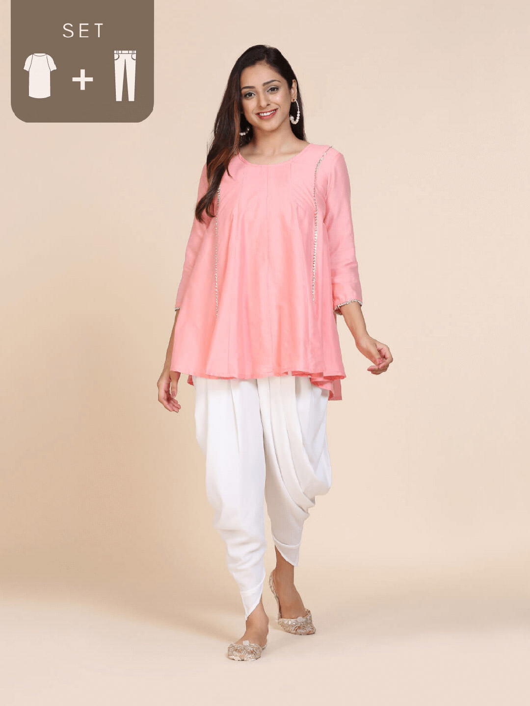 Abhishti cotton silk short panelled kurti with side lace panels and Dhoti pants