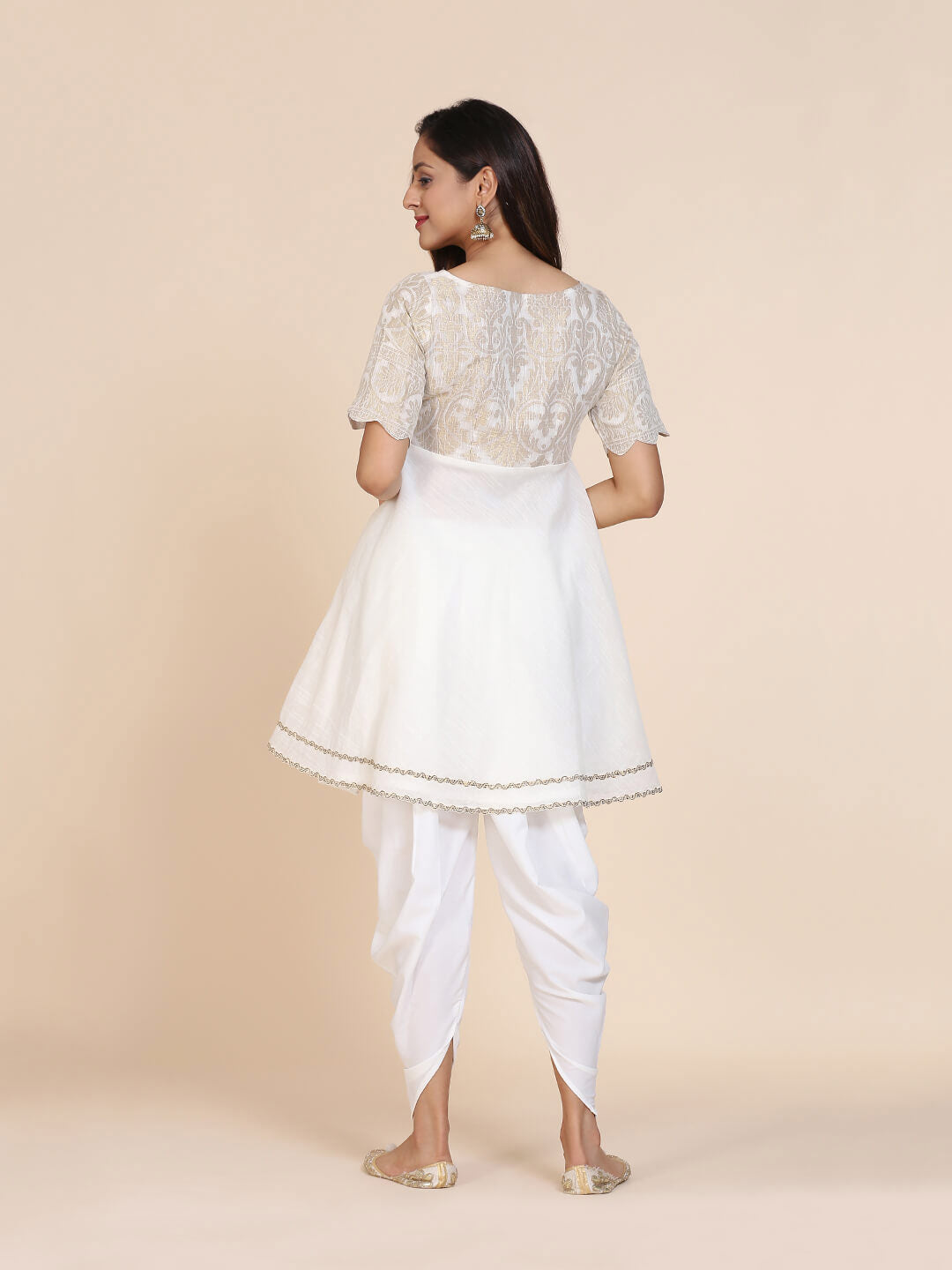 Abhishti cotton baswada short kurti with zari work yoke and flared bottom