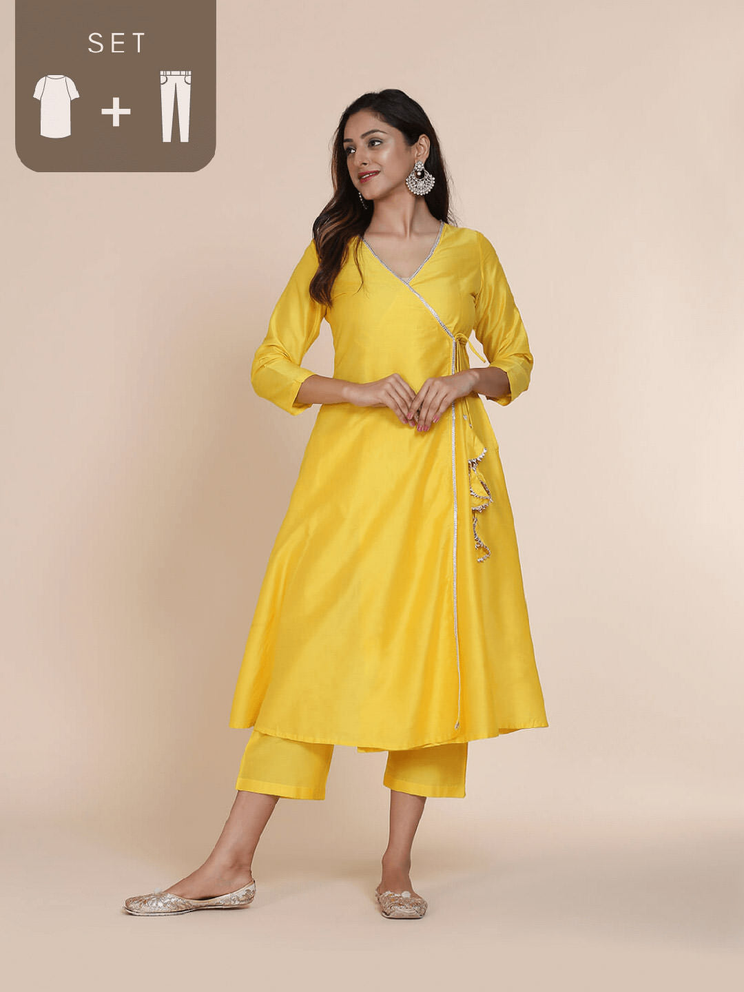 Banarasi Yellow Angrakha Kurta with Straight pants