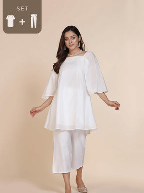 Abhishti chanderi short kurti with pleated upper yoke & billowy sleeves and bottom