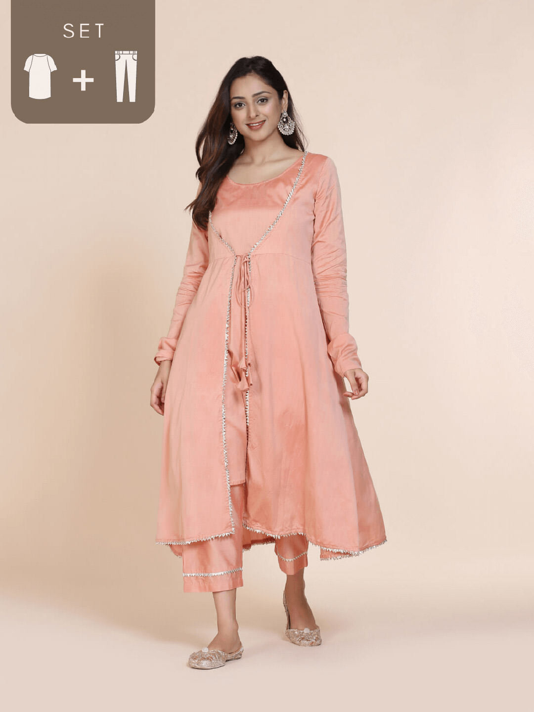 Peach Kurta & Jacket with Same color straight pant