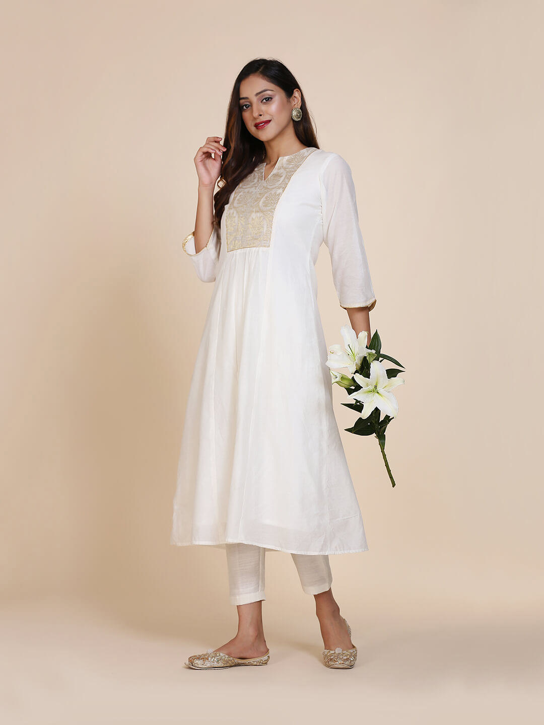 Abhsihti chanderi paneled kurta with zari work yoke and bottom