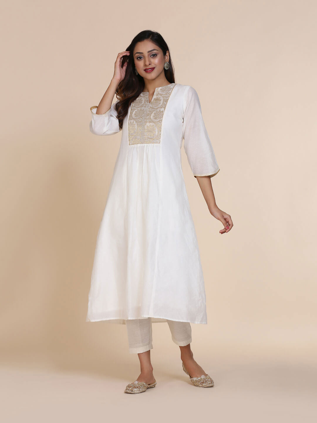 Abhsihti chanderi paneled kurta with zari work yoke and bottom