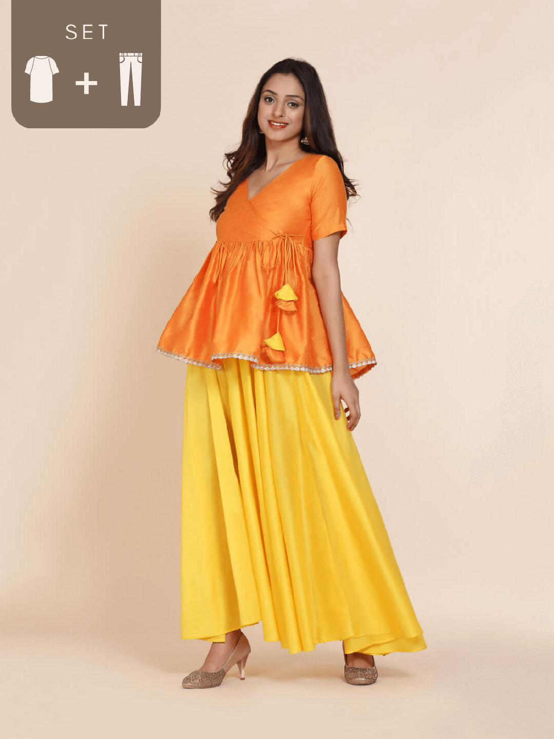 Abhishti cotton silk angrakha style top with contrast tassels and skirt