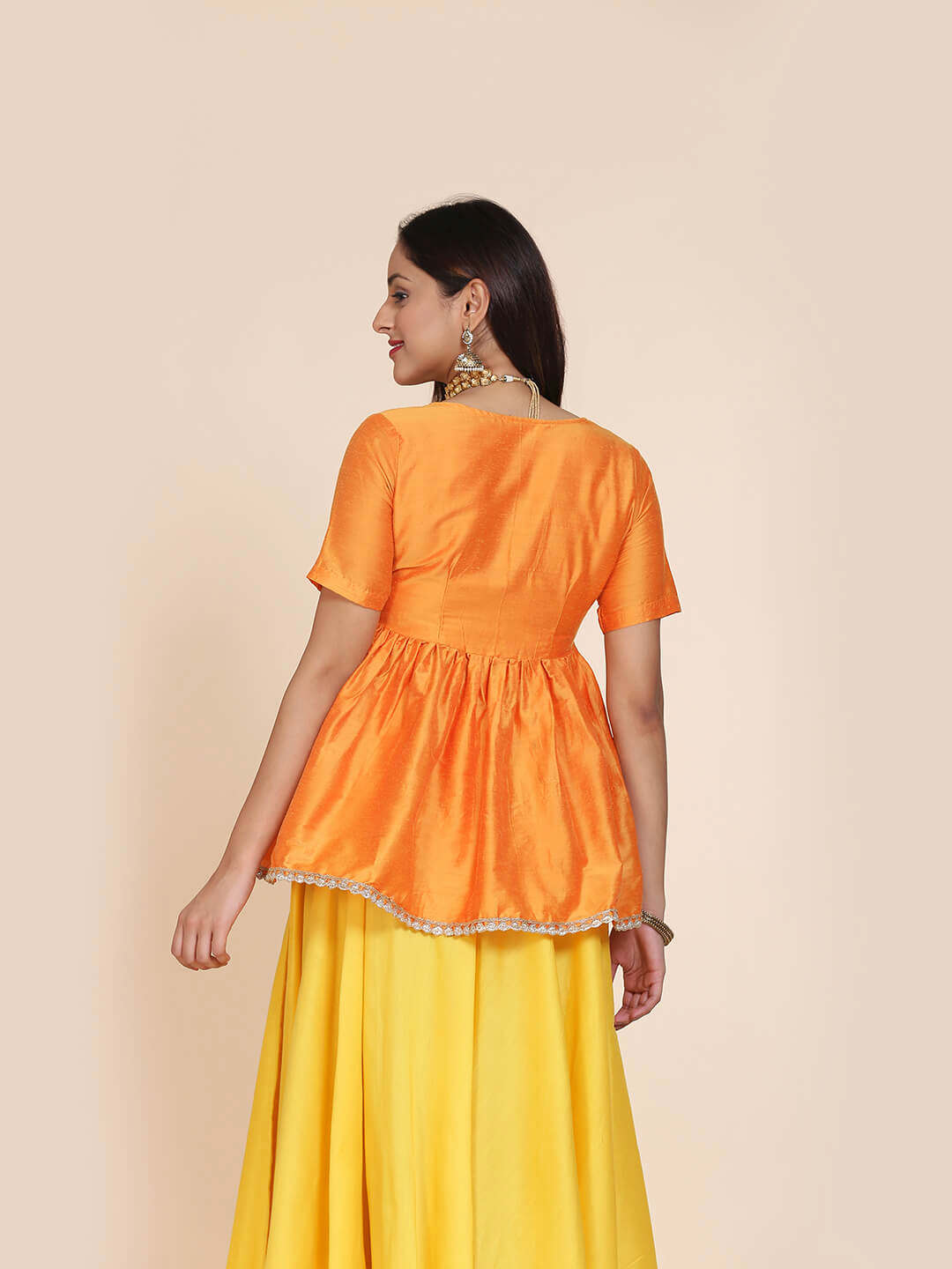 Abhishti cotton silk angrakha style top with contrast tassels and skirt