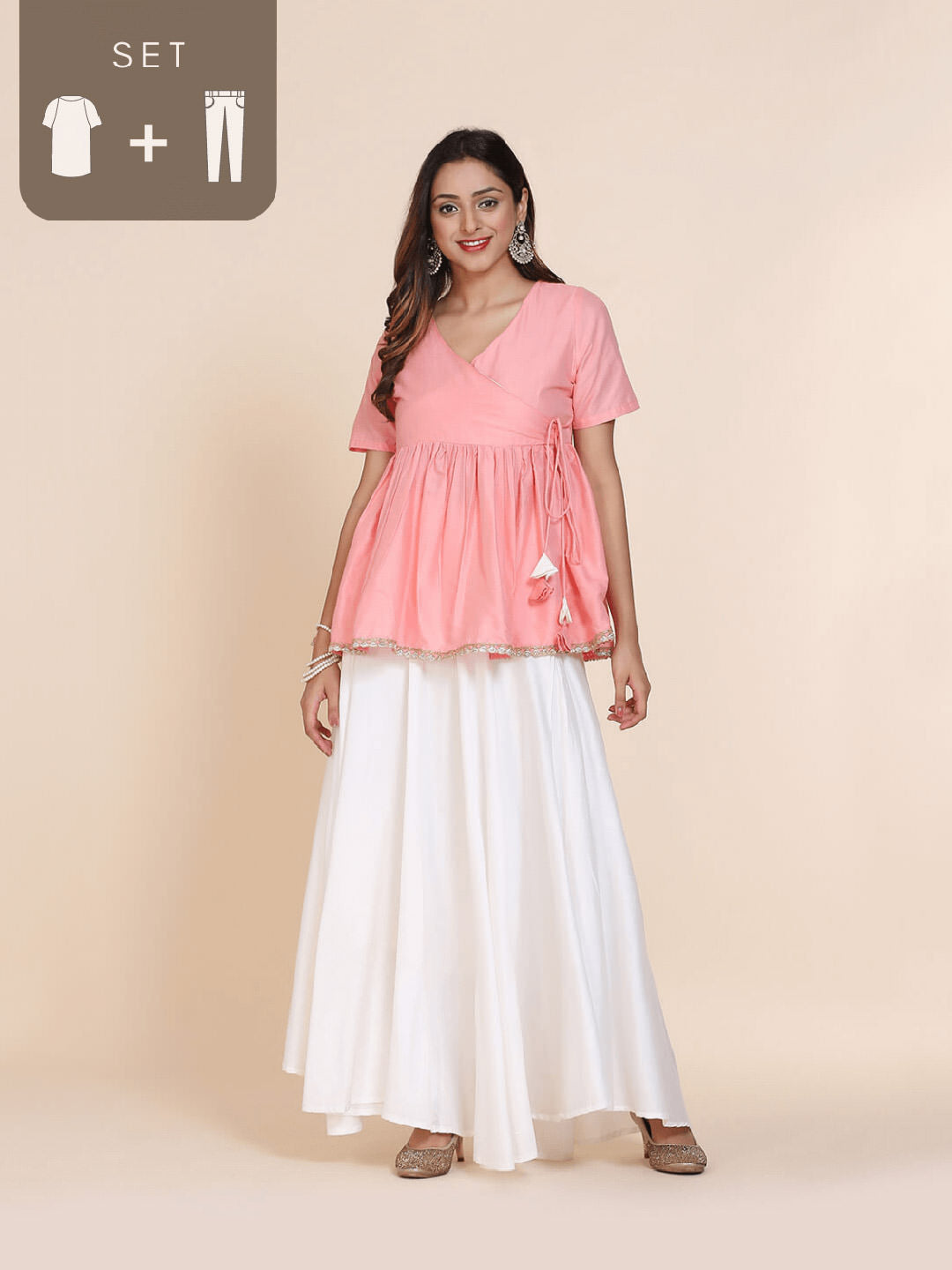 Abhishti cotton silk angrakha style top with contrast tassels and skirt