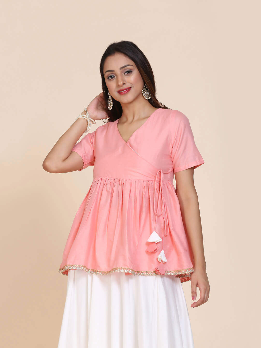 Abhishti cotton silk angrakha style top with contrast tassels and skirt