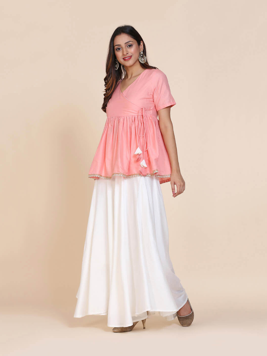 Abhishti cotton silk angrakha style top with contrast tassels and skirt