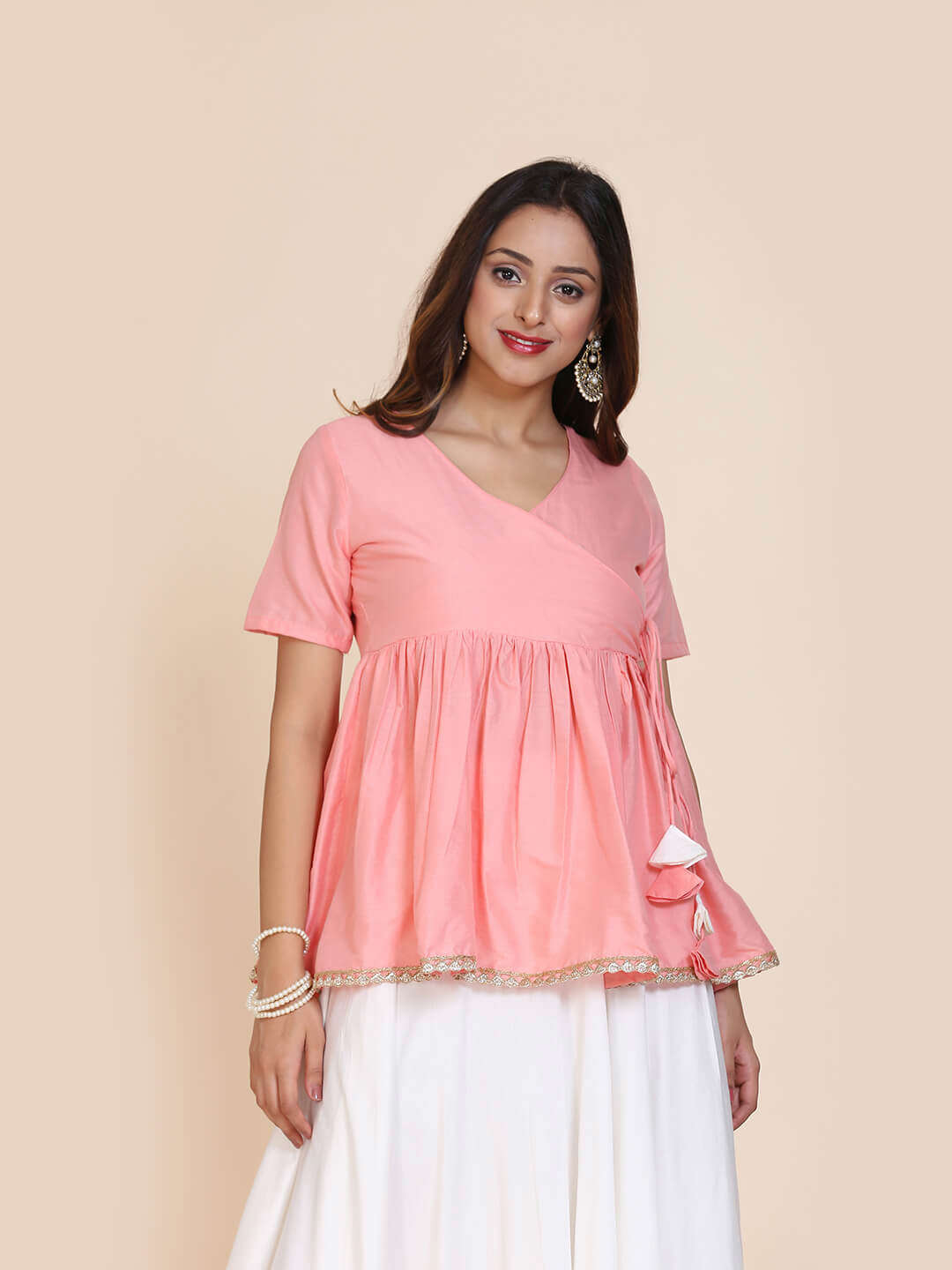 Abhishti cotton silk angrakha style top with contrast tassels and skirt