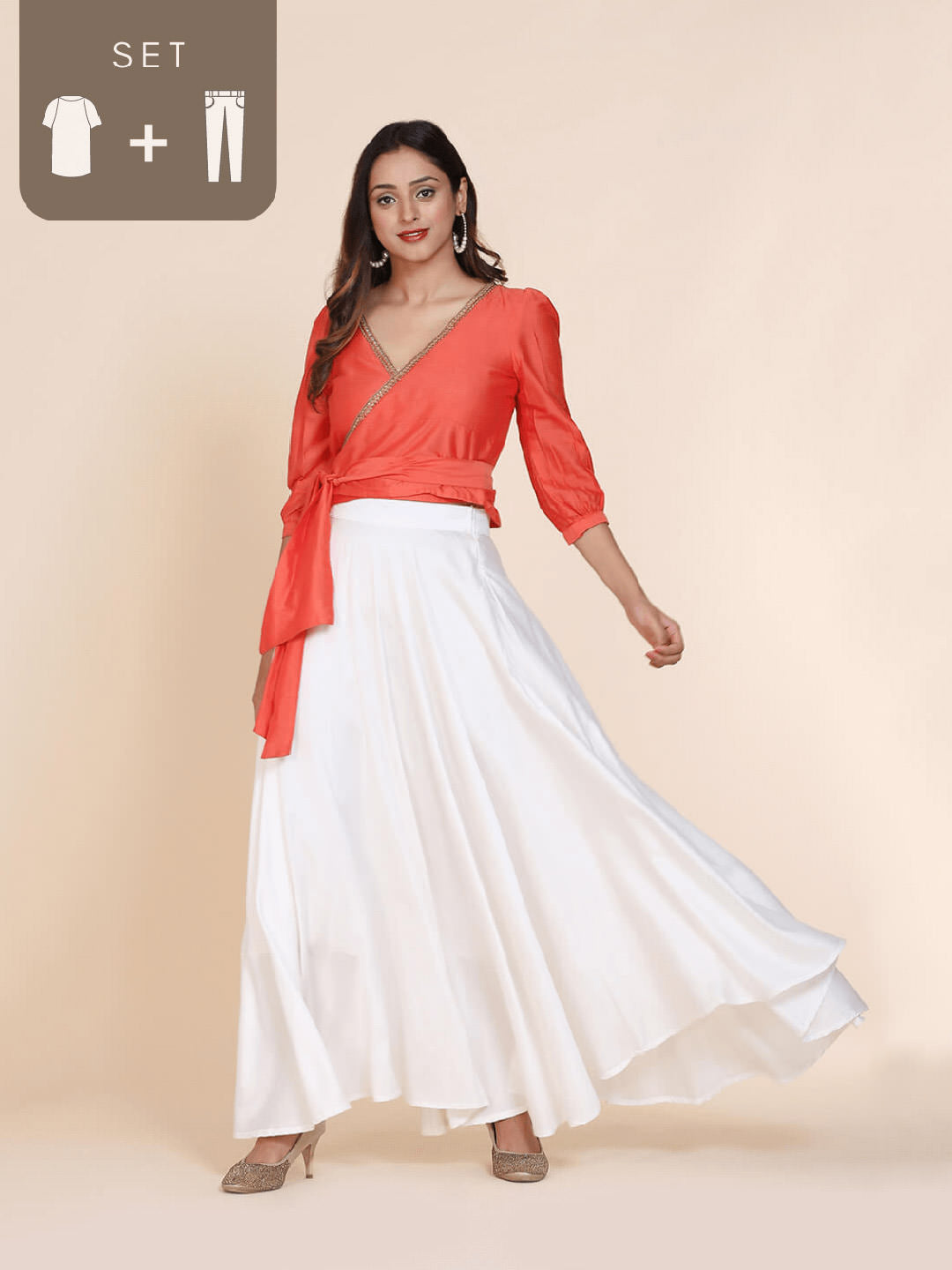 Abhsihti cotton silk wrap around top with gathered sleeves and skirt