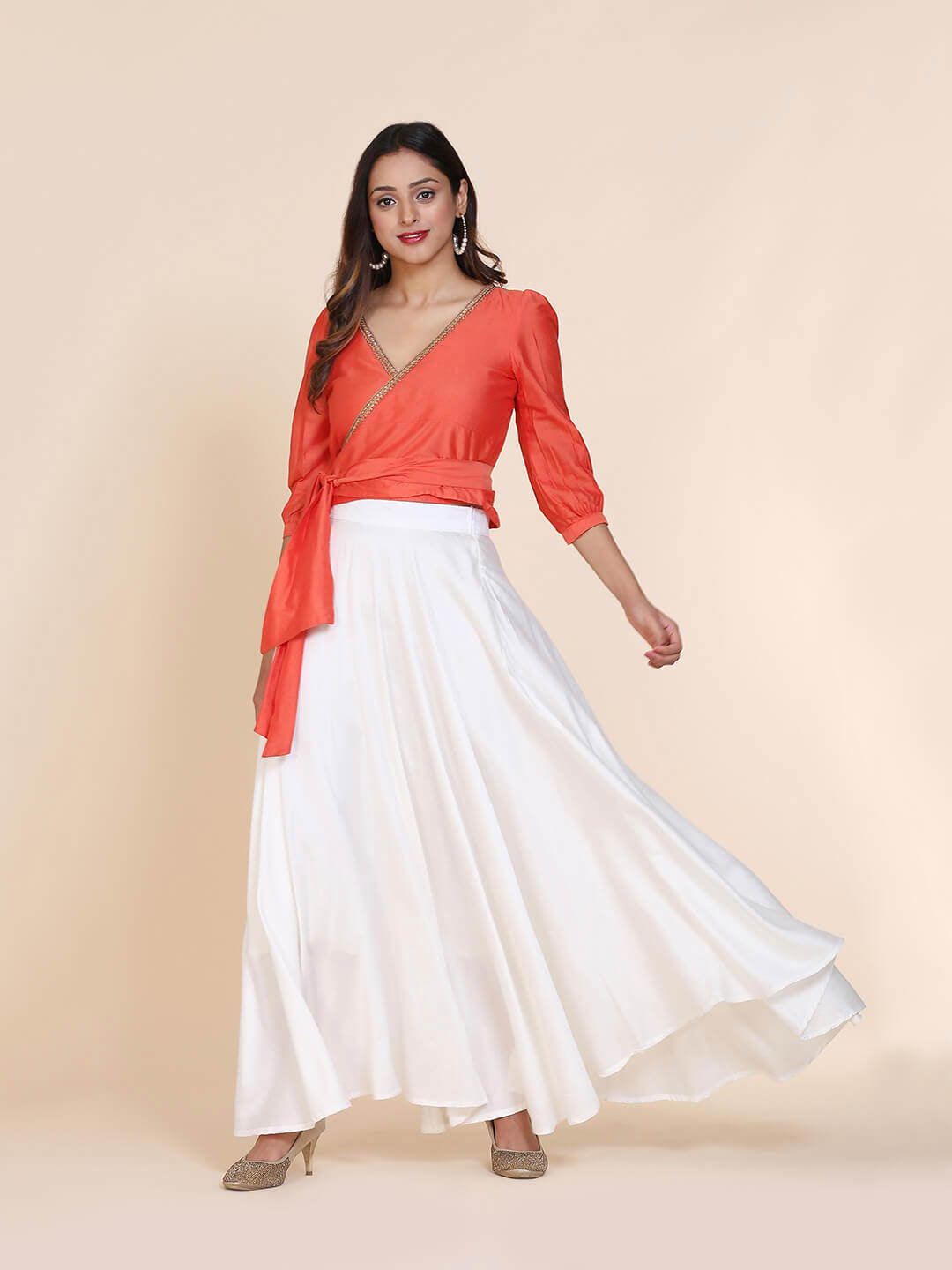 Abhsihti cotton silk wrap around top with gathered sleeves and skirt