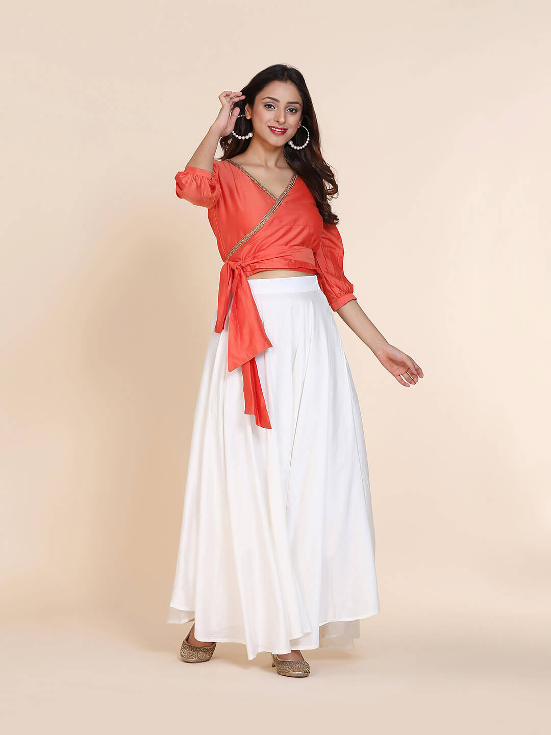 Abhsihti cotton silk wrap around top with gathered sleeves and skirt