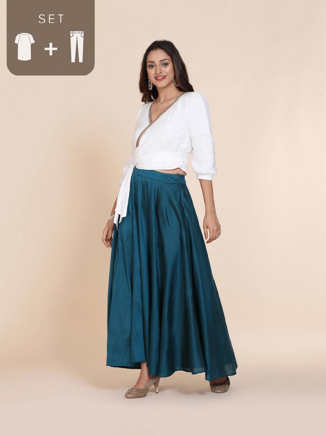 Abhsihti cotton silk wrap around top with gathered sleeves and skirt