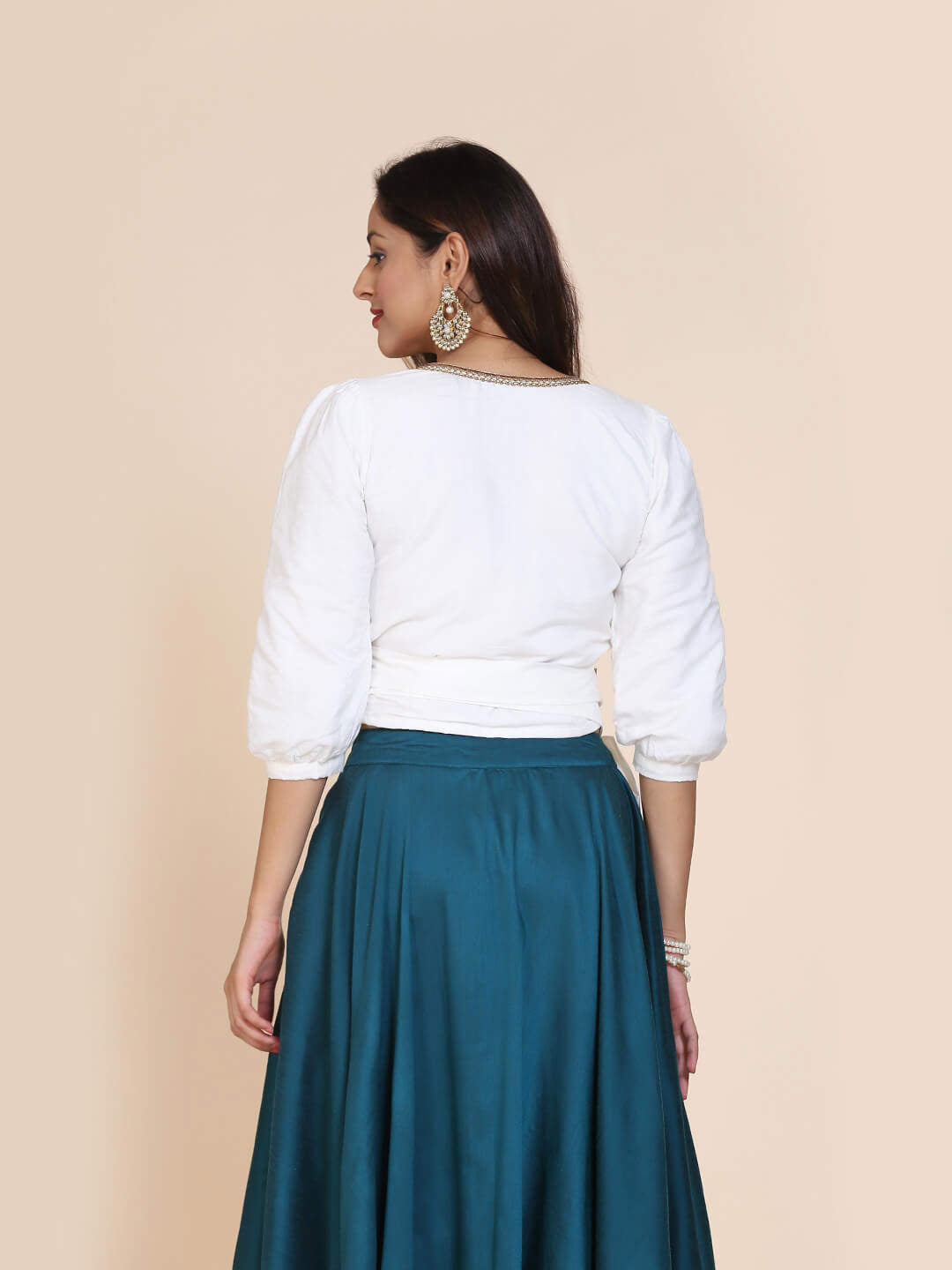 Abhsihti cotton silk wrap around top with gathered sleeves and skirt