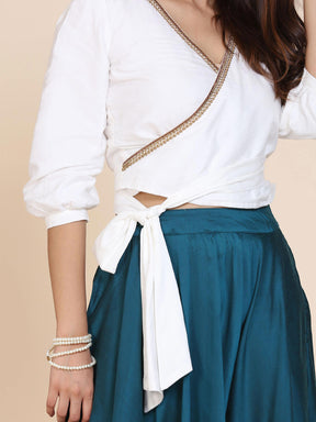 Abhsihti cotton silk wrap around top with gathered sleeves and skirt