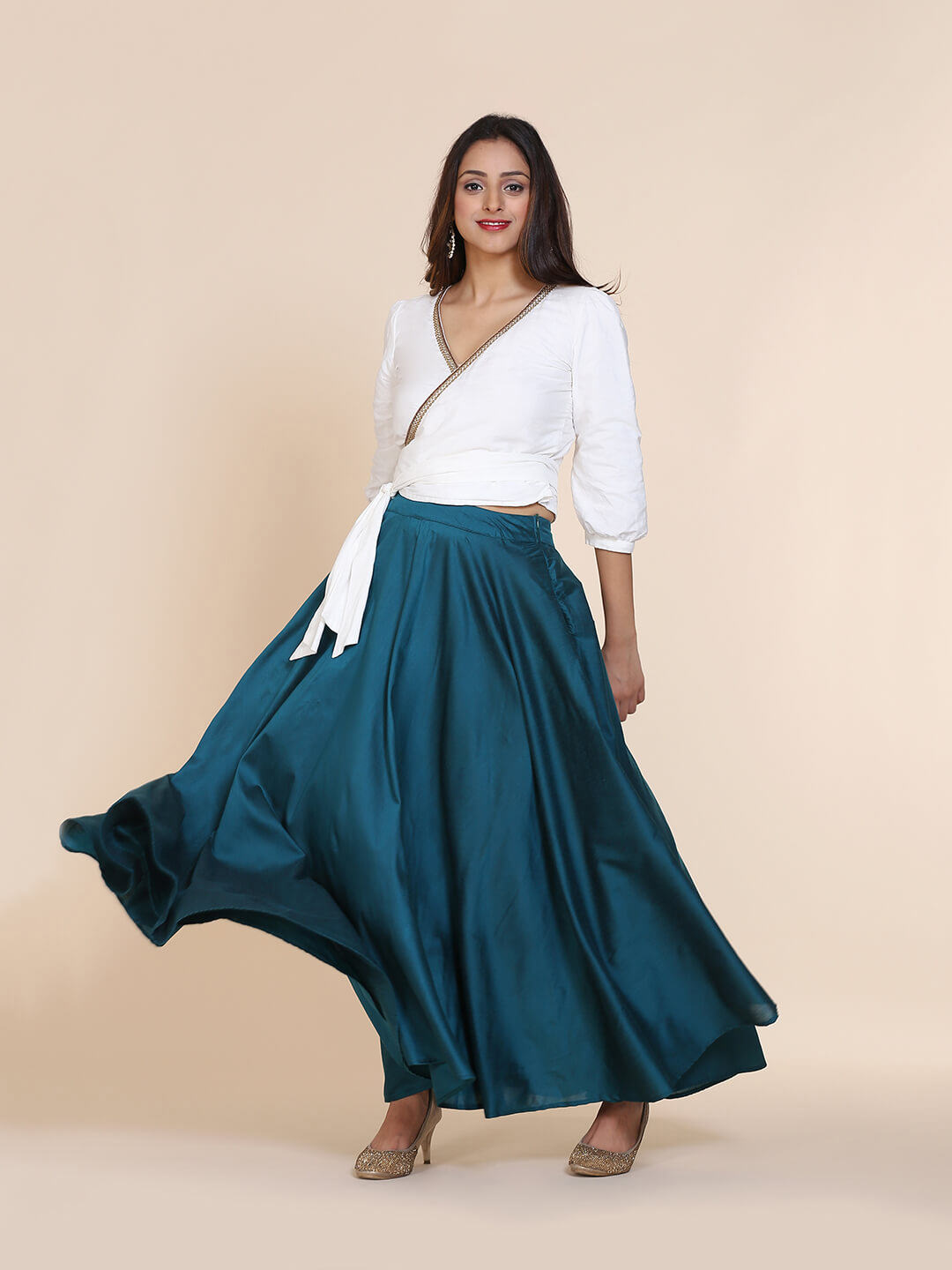 Abhsihti cotton silk wrap around top with gathered sleeves and skirt