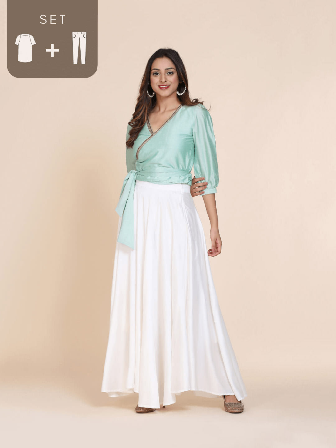 Abhsihti cotton silk wrap around top with gathered sleeves and skirt