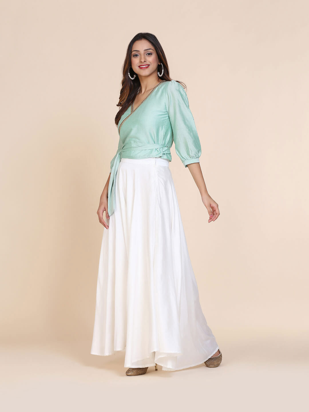 Abhsihti cotton silk wrap around top with gathered sleeves and skirt