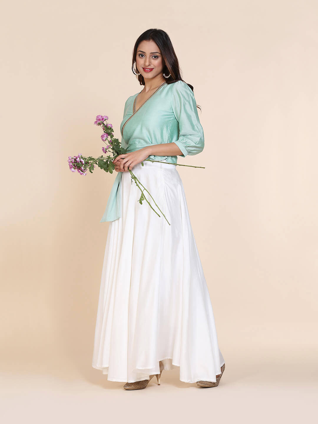 Abhsihti cotton silk wrap around top with gathered sleeves and skirt