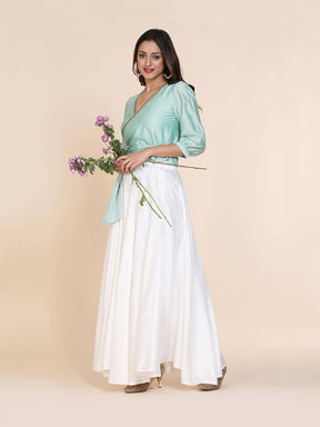 Abhsihti cotton silk wrap around top with gathered sleeves and skirt
