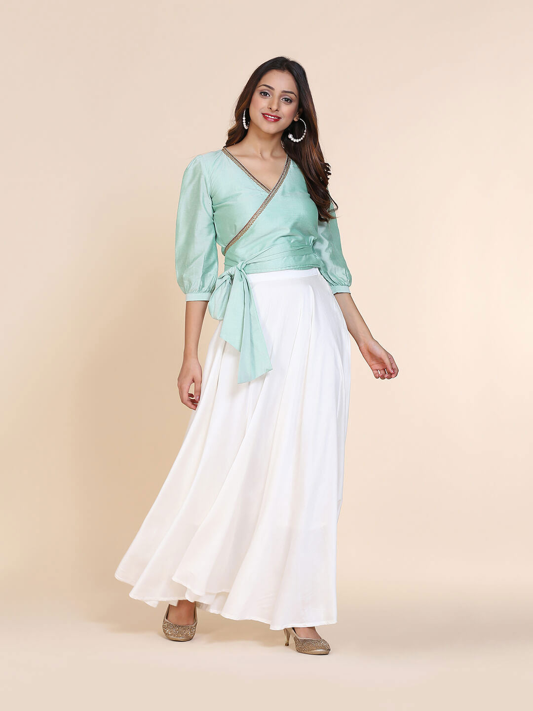 Abhsihti cotton silk wrap around top with gathered sleeves and skirt