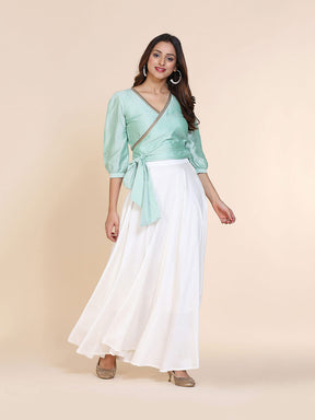 Abhsihti cotton silk wrap around top with gathered sleeves and skirt