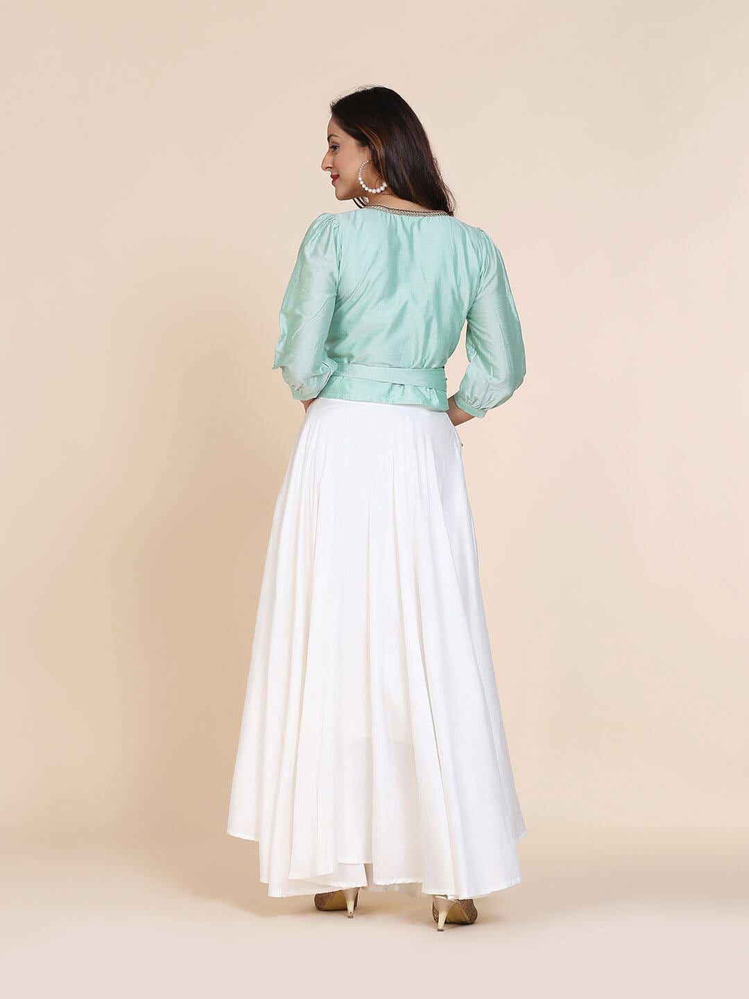 Abhsihti cotton silk wrap around top with gathered sleeves and skirt