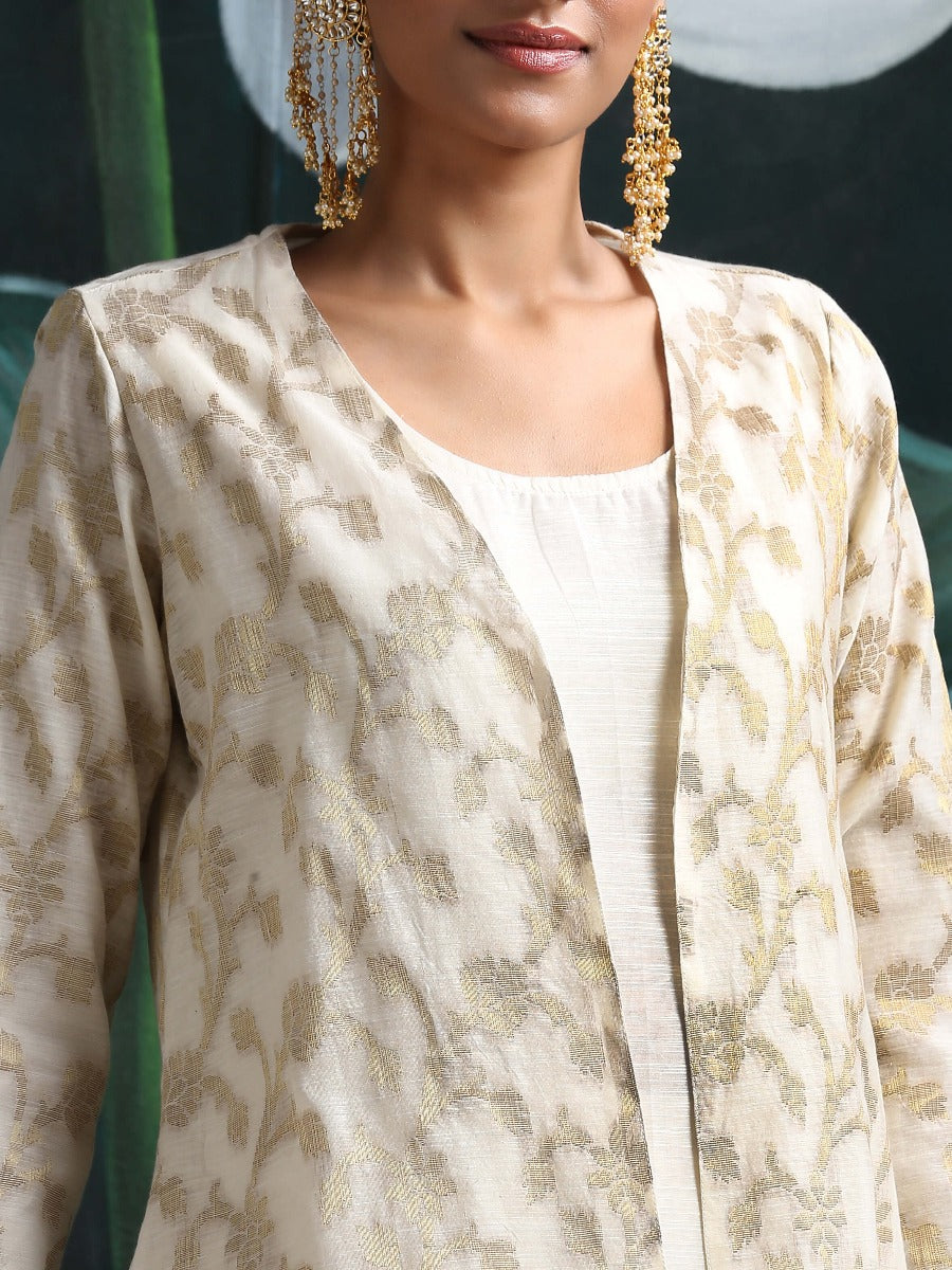 Cream Banarasi Long jacket & kurta with straight Pant