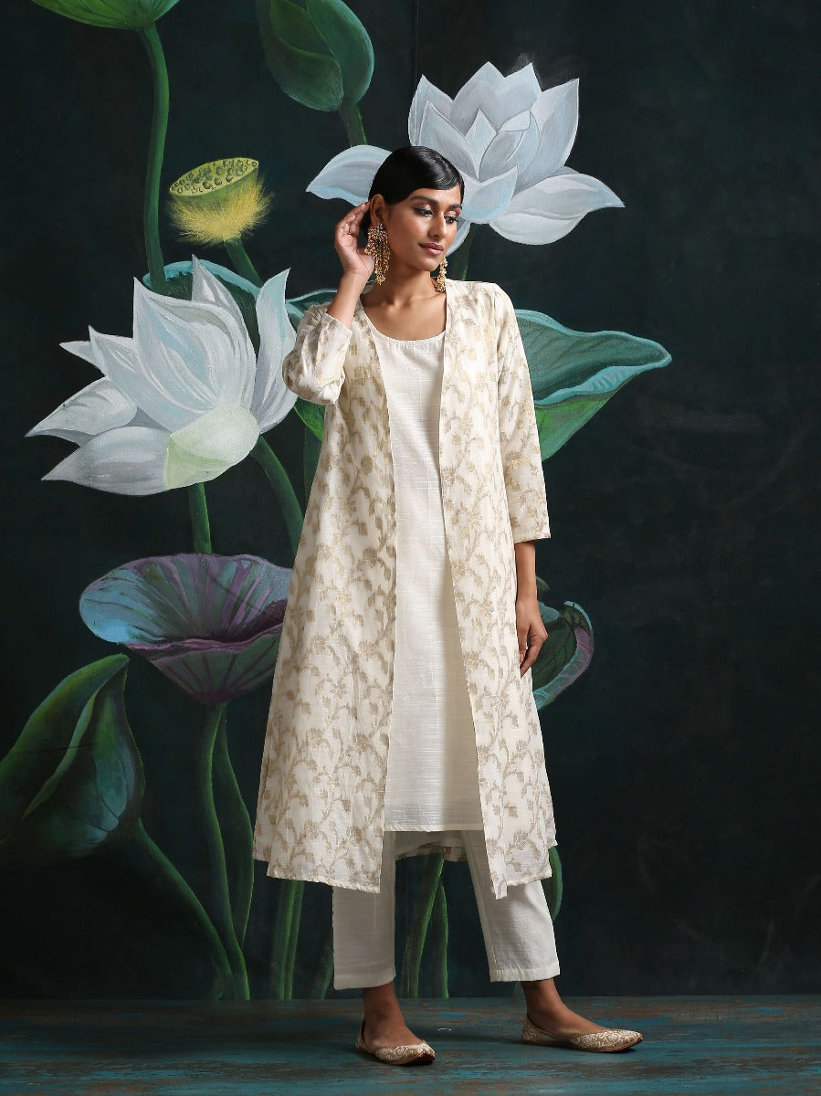 Cream Banarasi Long jacket & kurta with straight Pant