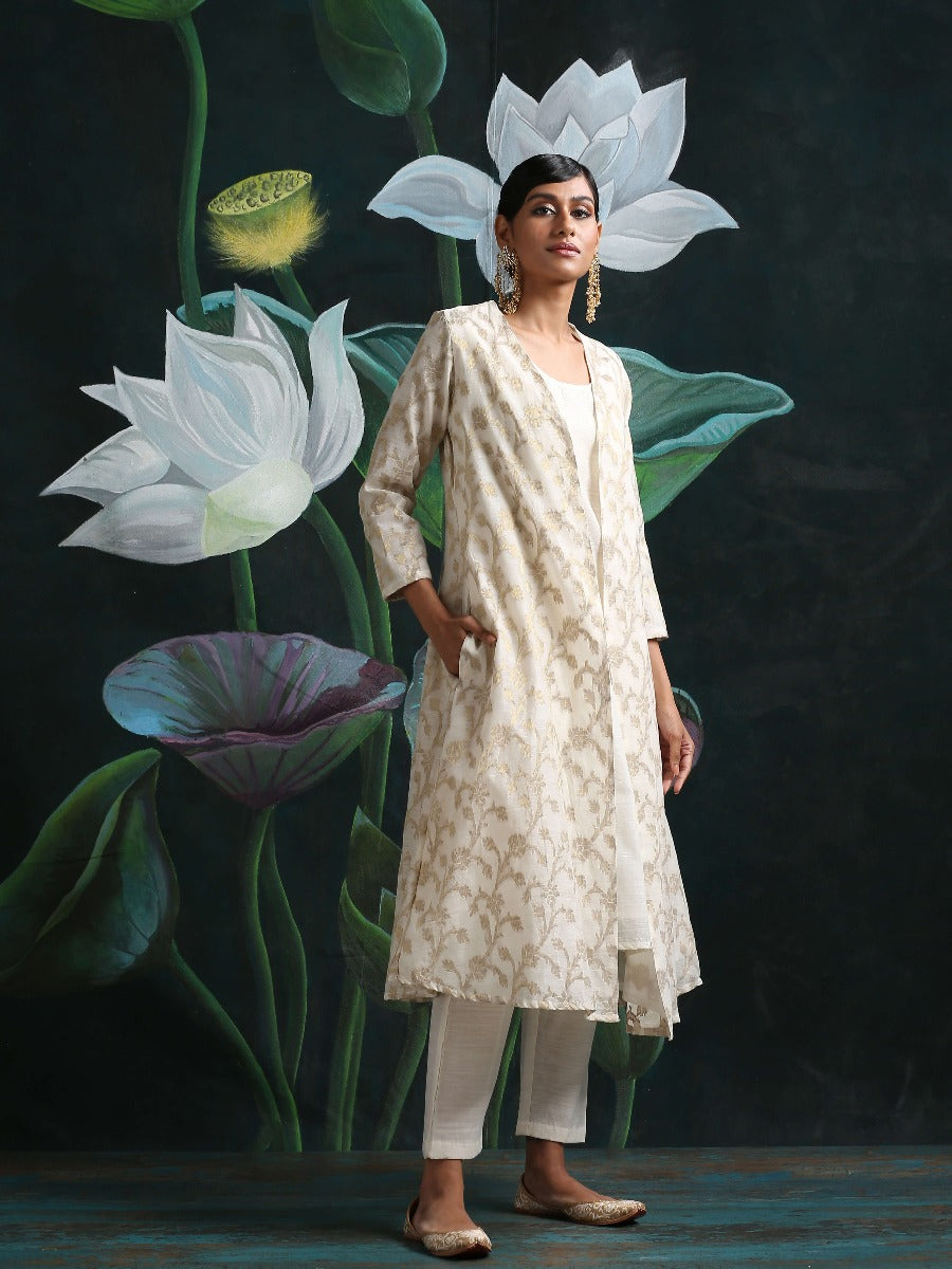 Cream Banarasi Long jacket & kurta with straight Pant