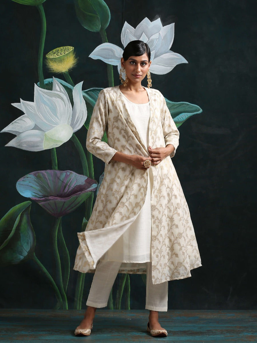 Cream Banarasi Long jacket & kurta with straight Pant