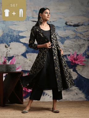 Black Banarasi Long jacket & kurta with straight Pant