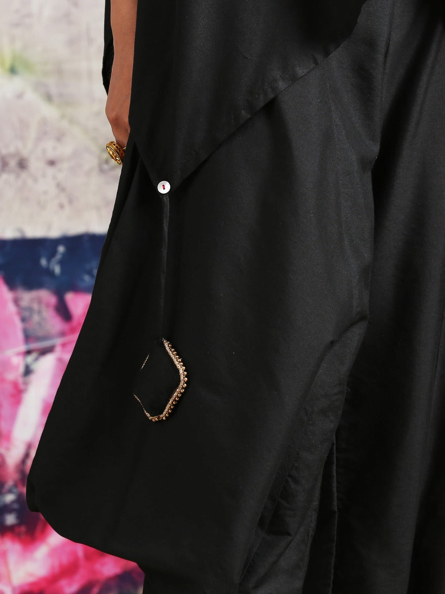 Cotton silk handkerchief hemline top detailed with attached tassels, along with flared dhoti pants Black