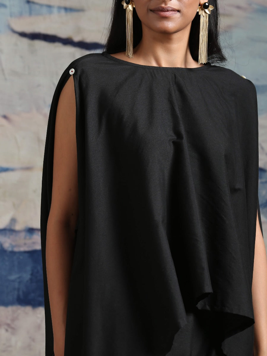 Cotton silk handkerchief hemline top detailed with attached tassels, along with flared dhoti pants Black