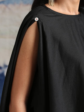 Cotton silk handkerchief hemline top detailed with attached tassels, along with flared dhoti pants Black